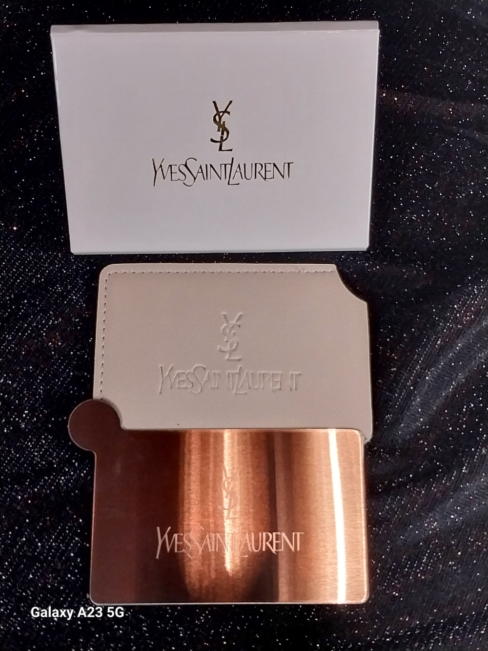 Yves Saint Laurent Pocket/Travel Mirror In Card Holder Cream Silver Tone